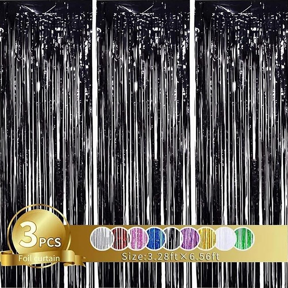 3X Black Rain Silk Curtain 3Pcs Black Metallic Foil Fringe Curtains Black Photo Booth Streamer Curtain Photo Booth Props Party Birthday Halloween Christmas New Year Decor Curtain