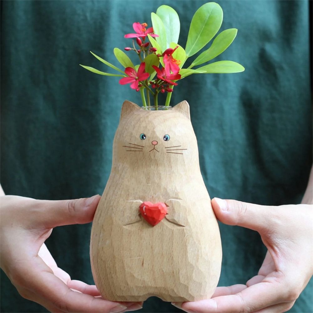 Clearance!Handmade Wooden Cat Vase Solid Wood Handmade Vase Solid Wood Cat Statue Vase Modern Shelf Decor Cat Lover Gift Home Decor for Mantel Party Living Room