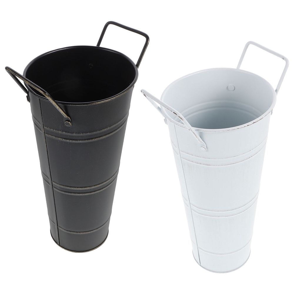 Set of 2 Galvanized Metal Flower Buckets with Handles, Rustic Vase for Dining Room and Home Decor