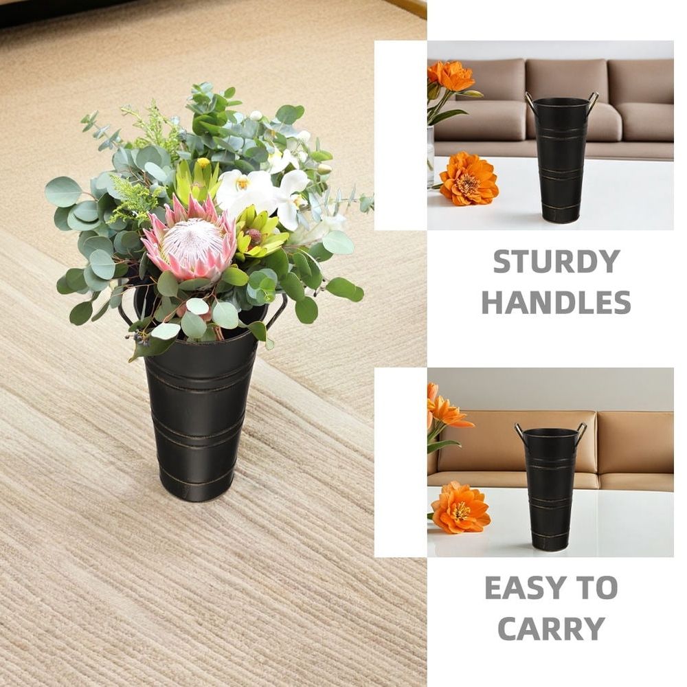 Decorative Rustic Vases Black Metal Flower Pot With Handle 4Set