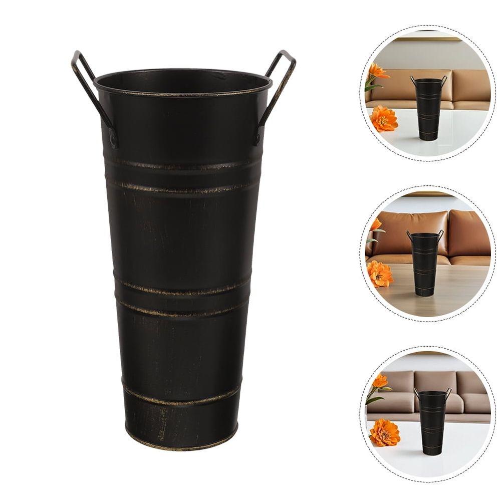 Decorative Rustic Vases Black Metal Flower Pot With Handle 4Set