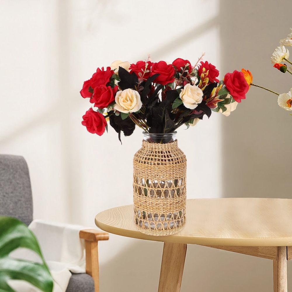 Boho Rattan Glass Vase with Woven Design, Decorative Flower Planter for Dried Flowers, Home Decor Container
