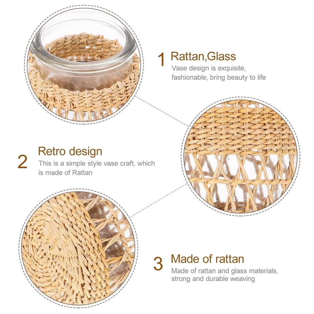 Boho Rattan Glass Vase with Woven Design, Decorative Flower Planter for Dried Flowers, Home Decor Container