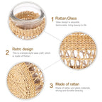 Boho Rattan Glass Vase with Woven Design, Decorative Flower Planter for Dried Flowers, Home Decor Container