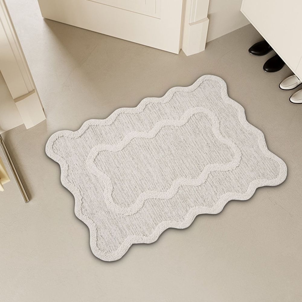 Scalloped Bath Mat, Soft Absorbent Bathroom Rug, Washable Shower Mat for Tub Floor and Vanity, Cream Beige 40x60^