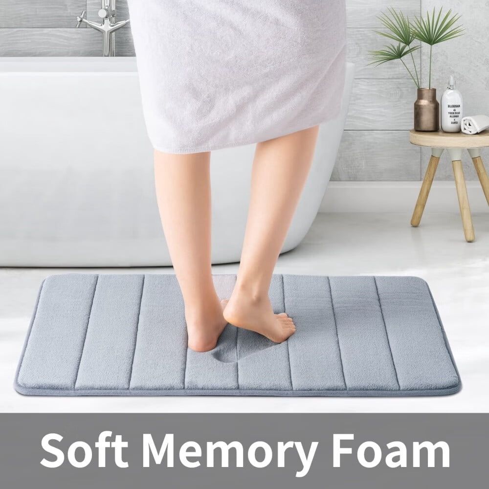 Memory Foam Bath Mat 17” x 24”,Water Absorbent Shower Mat,Thick Bath Rugs for Bathroom Non Slip with PVC Backing,Ultra Soft Bathroom Rugs for Floor & Tub,Grey