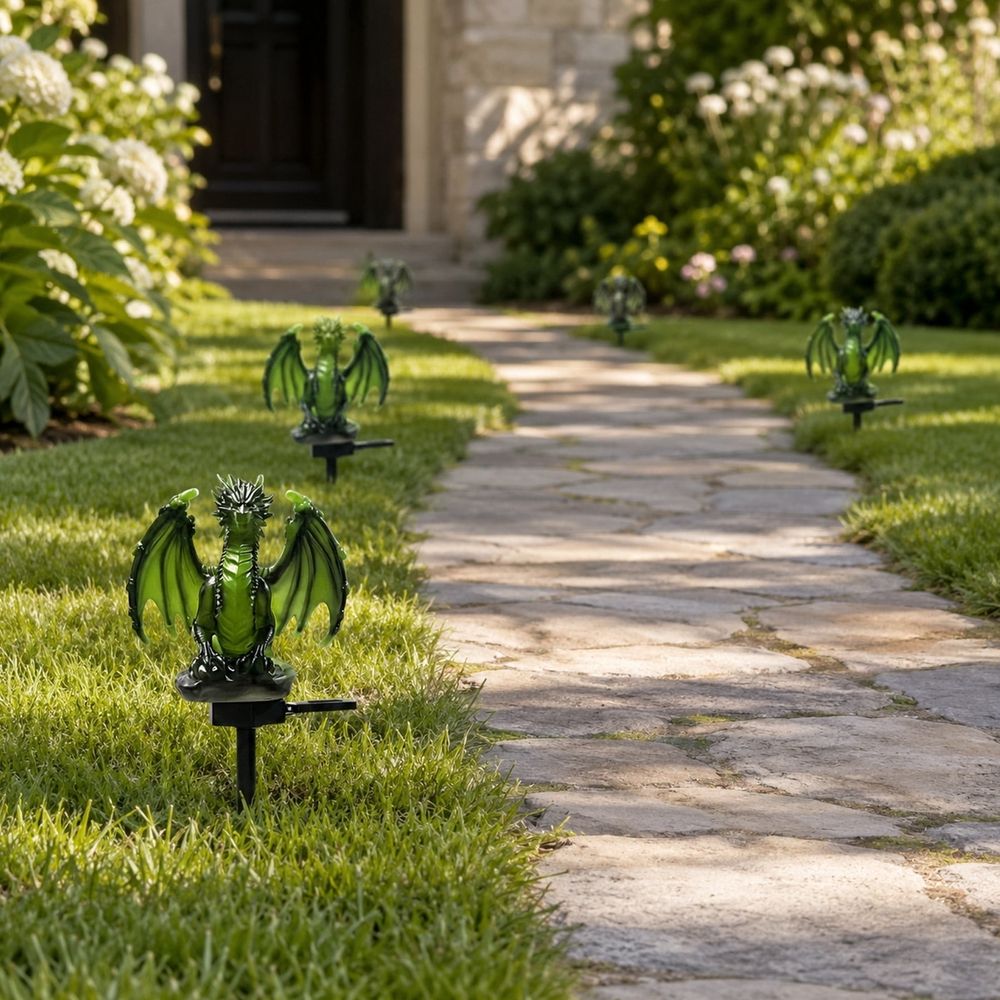 Green Resin Dragon Solar Garden Stake Light, Waterproof LED Solar‑Powered Pathway Figurine Lamp, Fantasy Dragon Lawn Ornament for Yard Patio Garden Halloween Outdoor Decor 1pcs