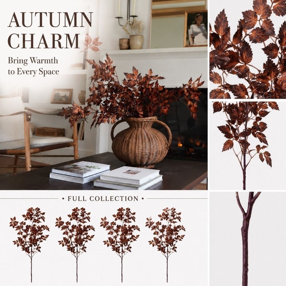 4 Pcs Artificial Fall Maple‑Hemp Leaf Stems, 31.5 Inch Faux Plastic Autumn Foliage Branches, Realistic Fake Leaf Sprigs for Vase Arrangement, Farmhouse Home Table Mantel Thanksgiving Decor