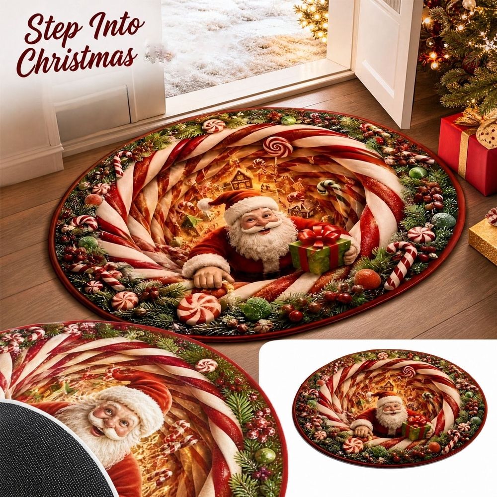 Christmas 3D Rug, Optical Illusion Swirl Rug with Depth Pattern, Funny Santa Claus Non-Slip Holiday Floor Mat for Entryway Living Room