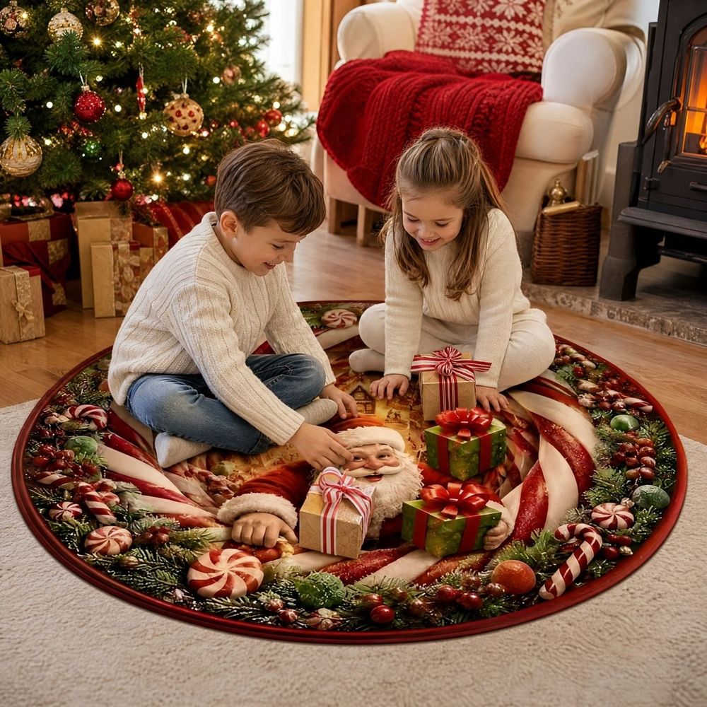 Christmas 3D Rug, Optical Illusion Swirl Rug with Depth Pattern, Funny Santa Claus Non-Slip Holiday Floor Mat for Entryway Living Room