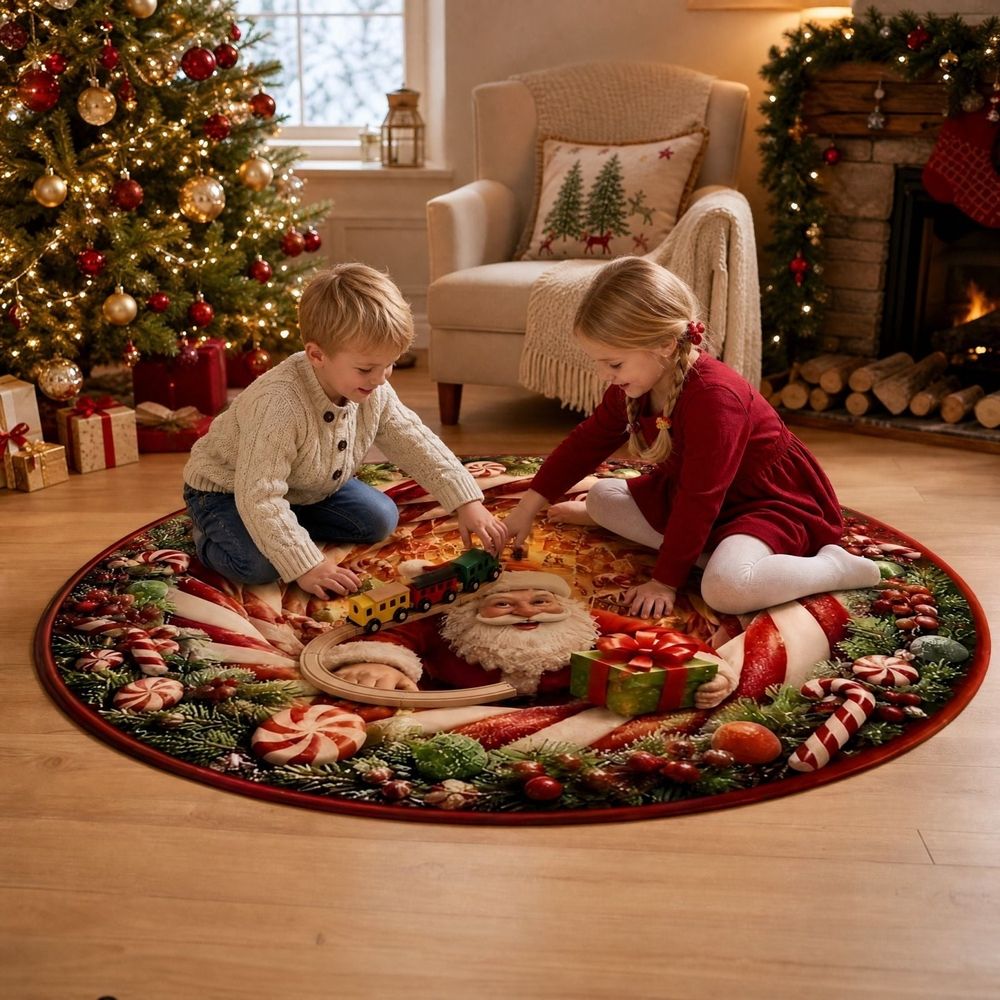 Christmas 3D Rug, Optical Illusion Swirl Rug with Depth Pattern, Funny Santa Claus Non-Slip Holiday Floor Mat for Entryway Living Room