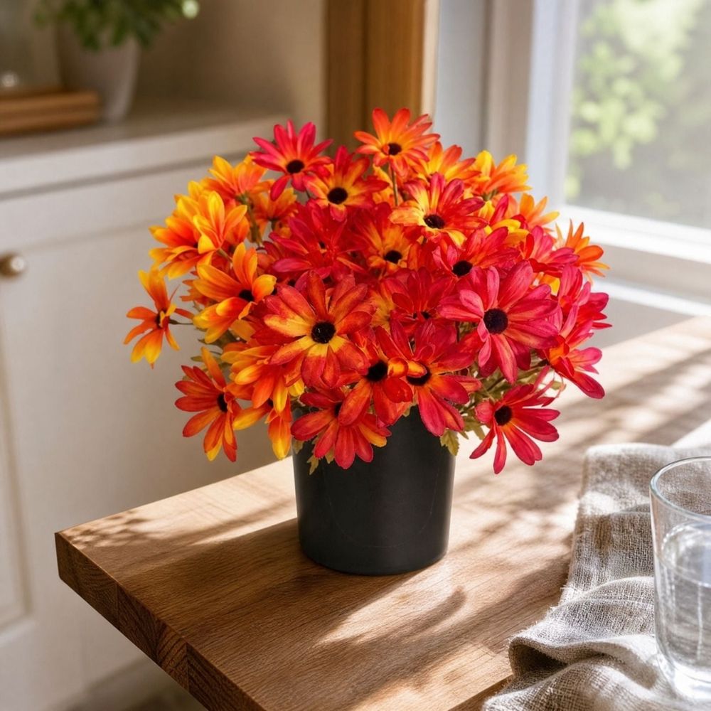 Fall Artificial Daisy Chrysanthemum Potted Plant, Orange Red Yellow Silk Cloth Faux Flowers with Black Pot, Autumn Themed Centerpiece for Indoor Living Room Dining Table Patio Garden Decor,1‑Pack