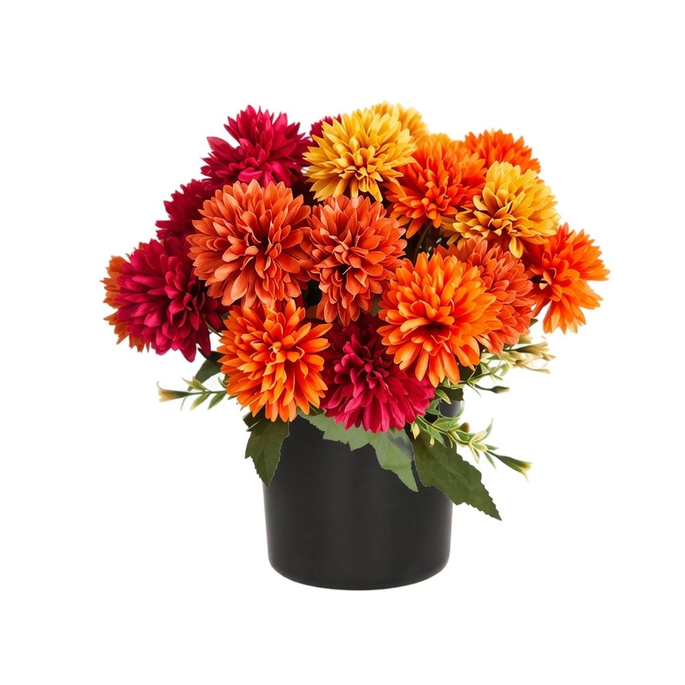 Fall Artificial Daisy Chrysanthemum Potted Plant, Orange Red Yellow Silk Cloth Faux Flowers with Black Pot, Autumn Themed Centerpiece for Indoor Living Room Dining Table Patio Garden Decor,1‑Pack