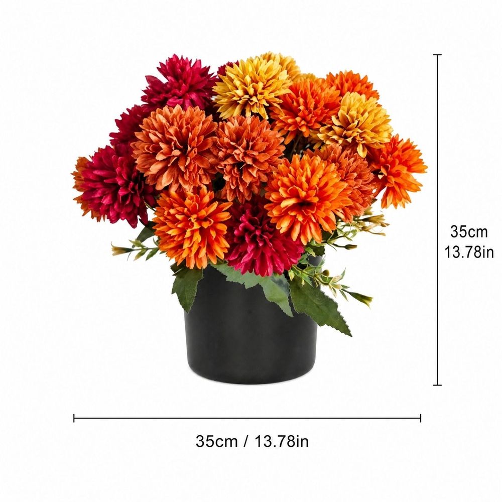Fall Artificial Daisy Chrysanthemum Potted Plant, Orange Red Yellow Silk Cloth Faux Flowers with Black Pot, Autumn Themed Centerpiece for Indoor Living Room Dining Table Patio Garden Decor,1‑Pack