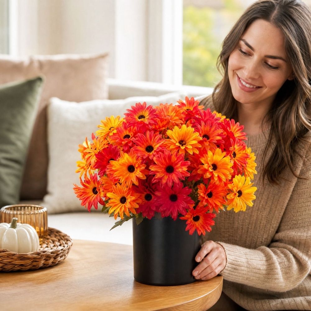 Fall Artificial Daisy Chrysanthemum Potted Plant, Orange Red Yellow Silk Cloth Faux Flowers with Black Pot, Autumn Themed Centerpiece for Indoor Living Room Dining Table Patio Garden Decor,1‑Pack