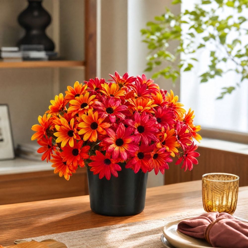 Fall Artificial Daisy Chrysanthemum Potted Plant, Orange Red Yellow Silk Cloth Faux Flowers with Black Pot, Autumn Themed Centerpiece for Indoor Living Room Dining Table Patio Garden Decor,1‑Pack