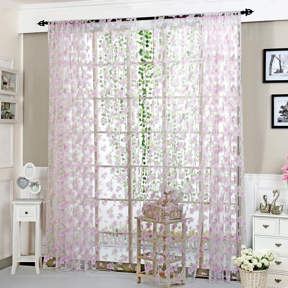Peach Blossoms Flower Print Voile Curtain, Transparent Tulles Curtains, Semi Sheer Window Curtains, Window Screening Treatments Drape, for Living Room, Bedroom(Pink)
