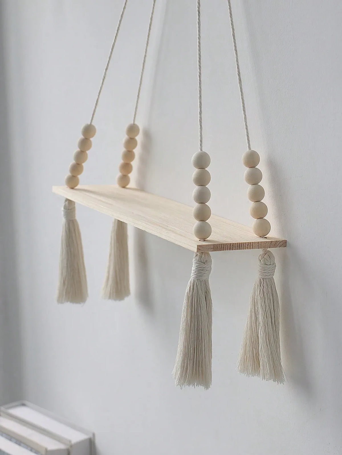 2Pcs Macrame Wall Hanging Shelf – Boho Wood Wall Shelves with Wood Beads, Farmhouse Floating Shelf for Bedroom, Living Room,Nursery Decor, Birthday Graduation Gift