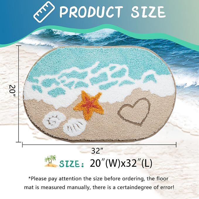 20"×32" Blue Nautical Bath Rug, Microfiber Starfish Seashell Bath Mat, Non Slip Quick Dry Washable Bathroom Floor Mat