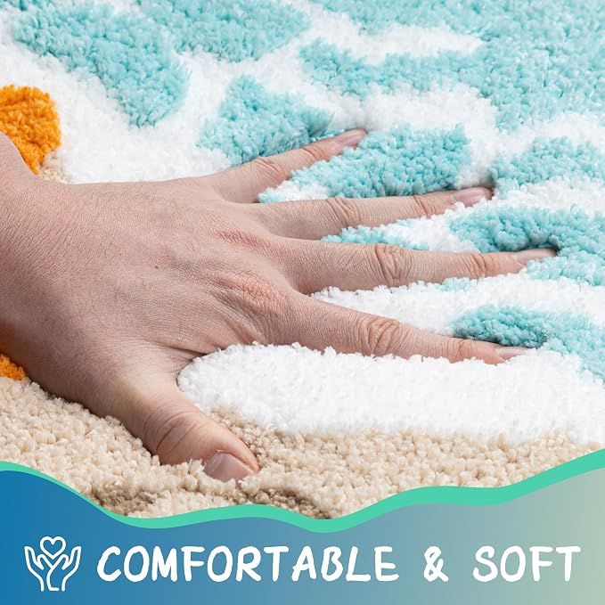 20"×32" Blue Nautical Bath Rug, Microfiber Starfish Seashell Bath Mat, Non Slip Quick Dry Washable Bathroom Floor Mat