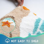 20"×32" Blue Nautical Bath Rug, Microfiber Starfish Seashell Bath Mat, Non Slip Quick Dry Washable Bathroom Floor Mat