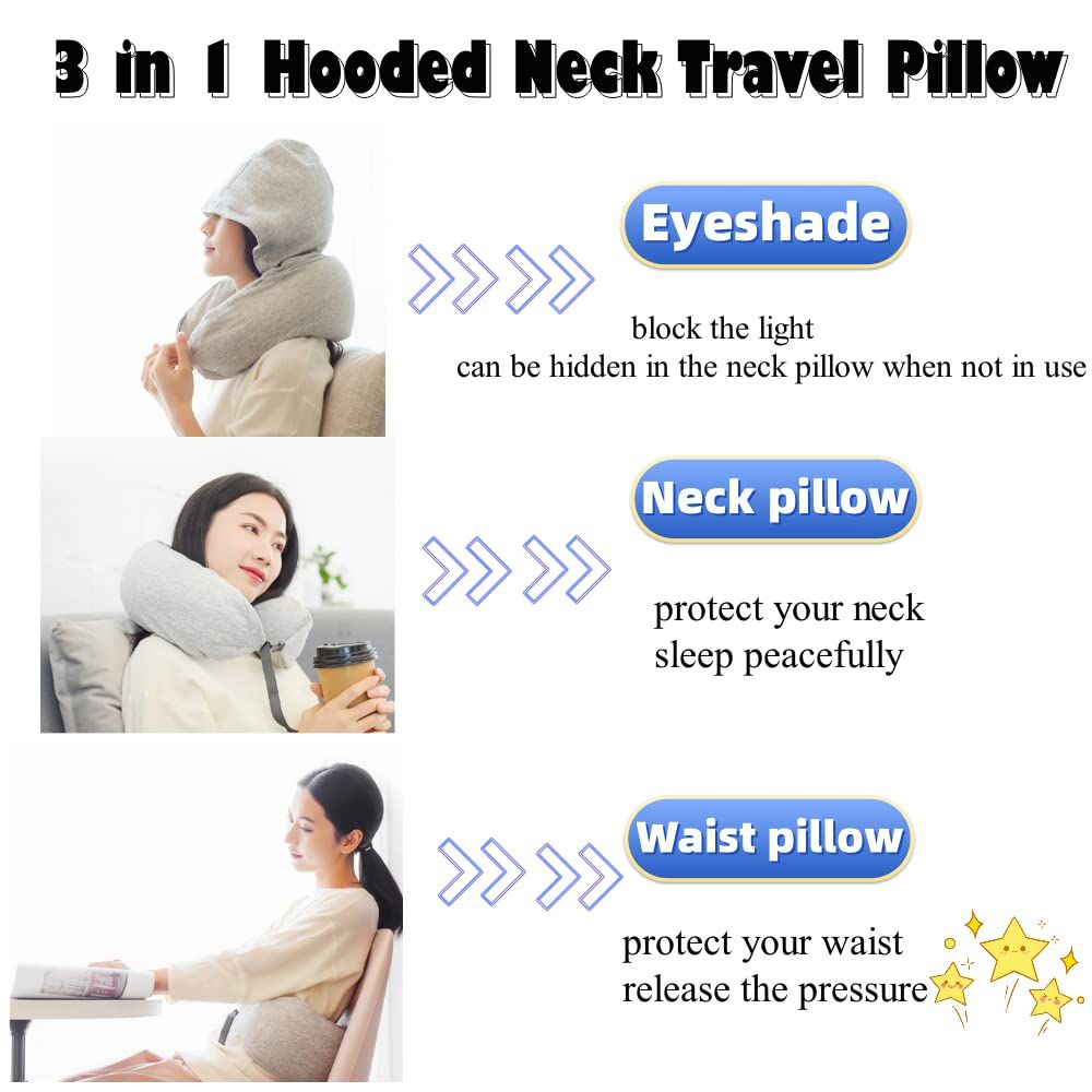 Travel Neck Pillow for Airplane Memory Foam Hooded Neck Travel Pillow 3 in 1 Travel Pillow for Head Neck Waist Support Soft Removable