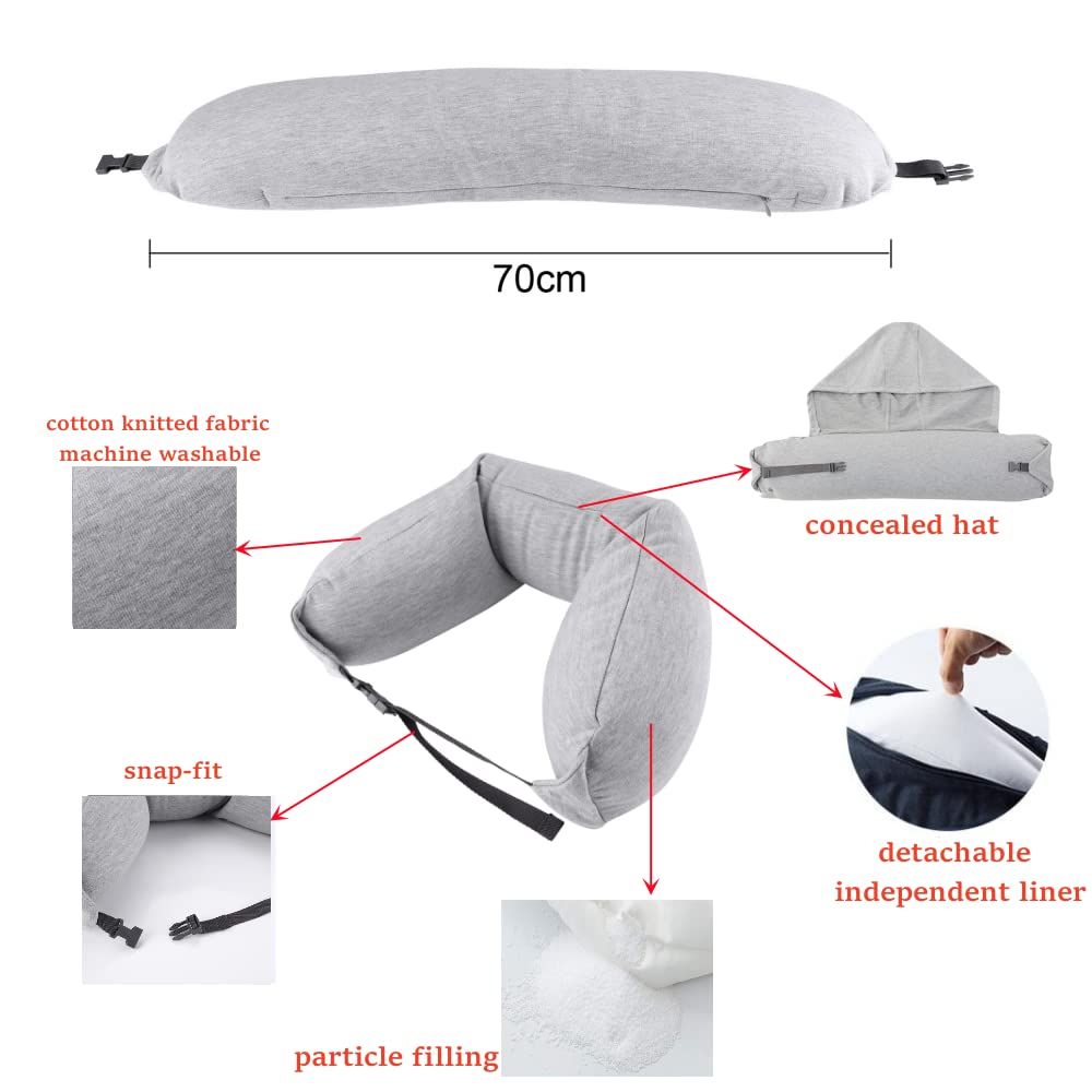 Travel Neck Pillow for Airplane Memory Foam Hooded Neck Travel Pillow 3 in 1 Travel Pillow for Head Neck Waist Support Soft Removable