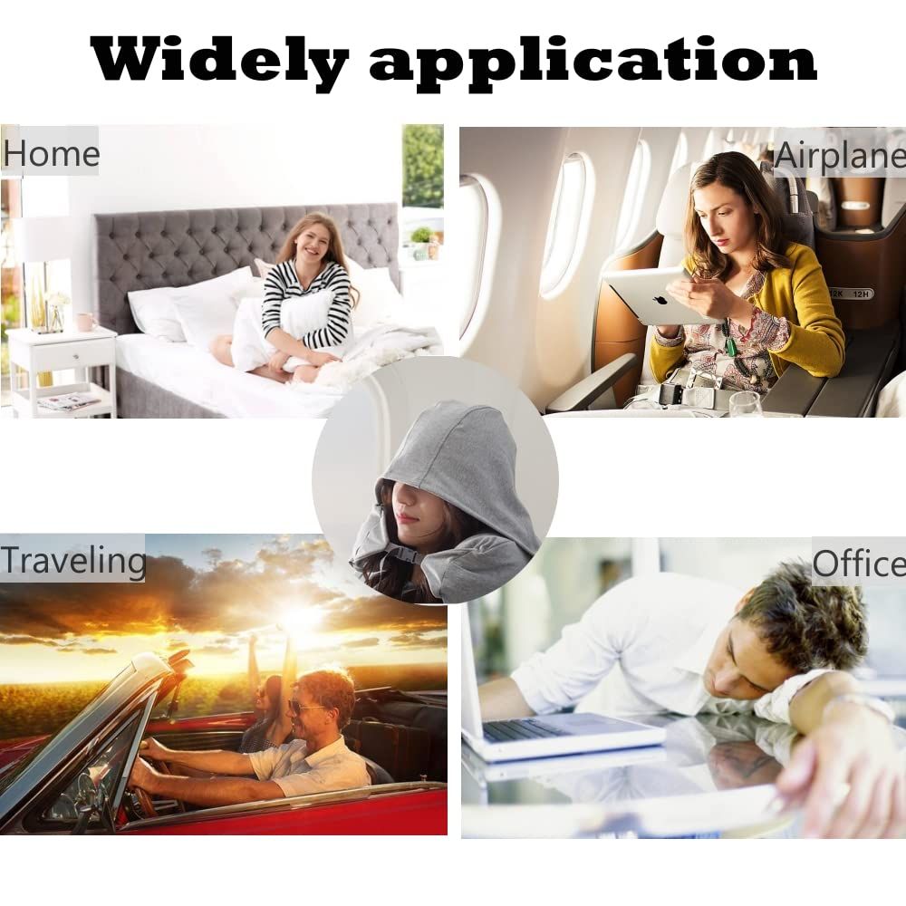Travel Neck Pillow for Airplane Memory Foam Hooded Neck Travel Pillow 3 in 1 Travel Pillow for Head Neck Waist Support Soft Removable