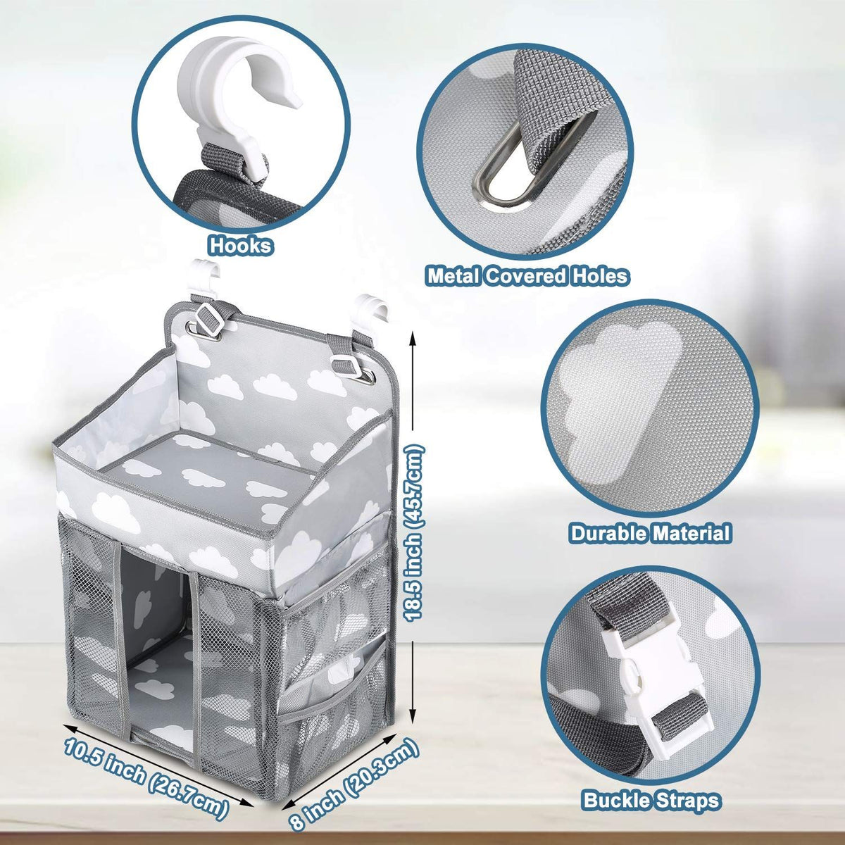 Diaper Caddy Hanging Diaper Caddy Organizer, Hanging Nursery Nappy Organiser Diaper Holder Caddy Stacker for Baby Girl Boy  -Grey