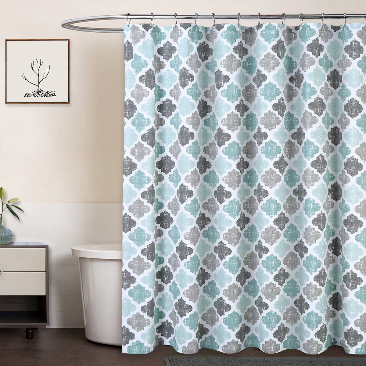 Fabric Shower Curtain, Geometric Quatrefoil Patterned Modern -Cotton Farmhouse Shower Curtain for Bathroom, 72x72 Inches