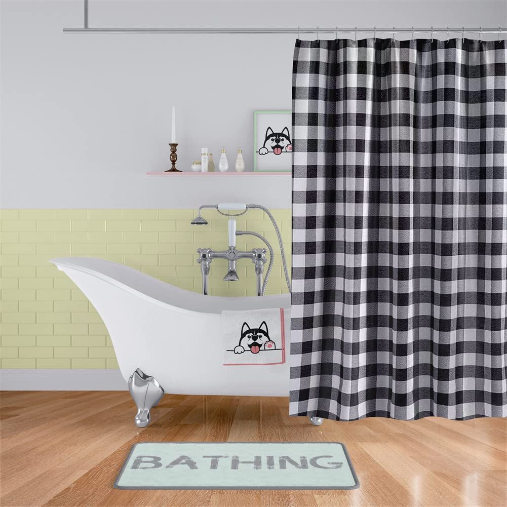 72 x 72 Inch Buffalo Check Shower Curtain, Farmhouse Style Black and White Plaid Water-Repellent Polyester Bath Curtain Machine