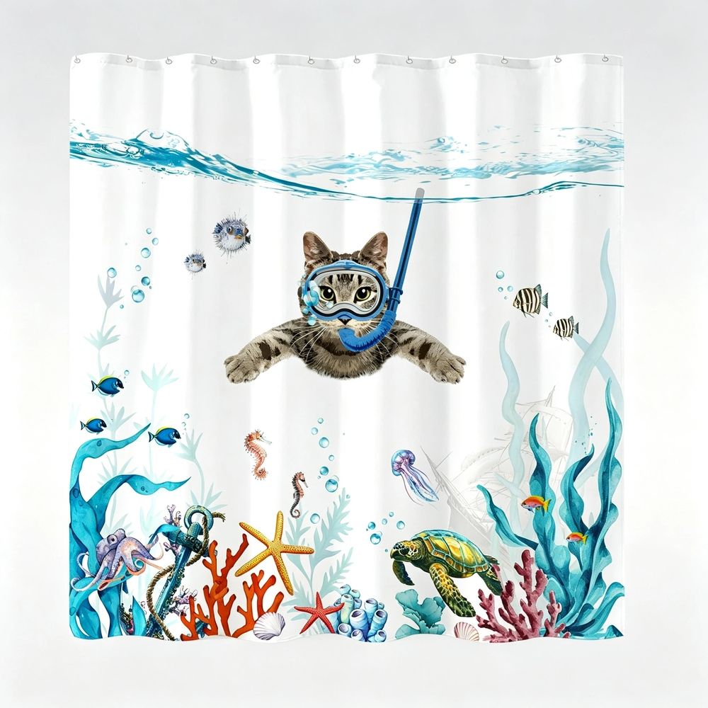 Funny Cat Shower Curtain Set Teal Blue Sea Ocean Waterproof Fabric Shower Curtains with Animal Octopus Turtle (Blue, 72''×72'')