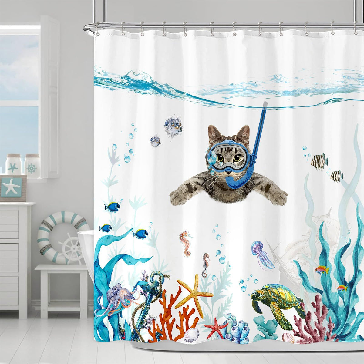 Funny Cat Shower Curtain Set Teal Blue Sea Ocean Waterproof Fabric Shower Curtains with Animal Octopus Turtle (Blue, 72''×72'')
