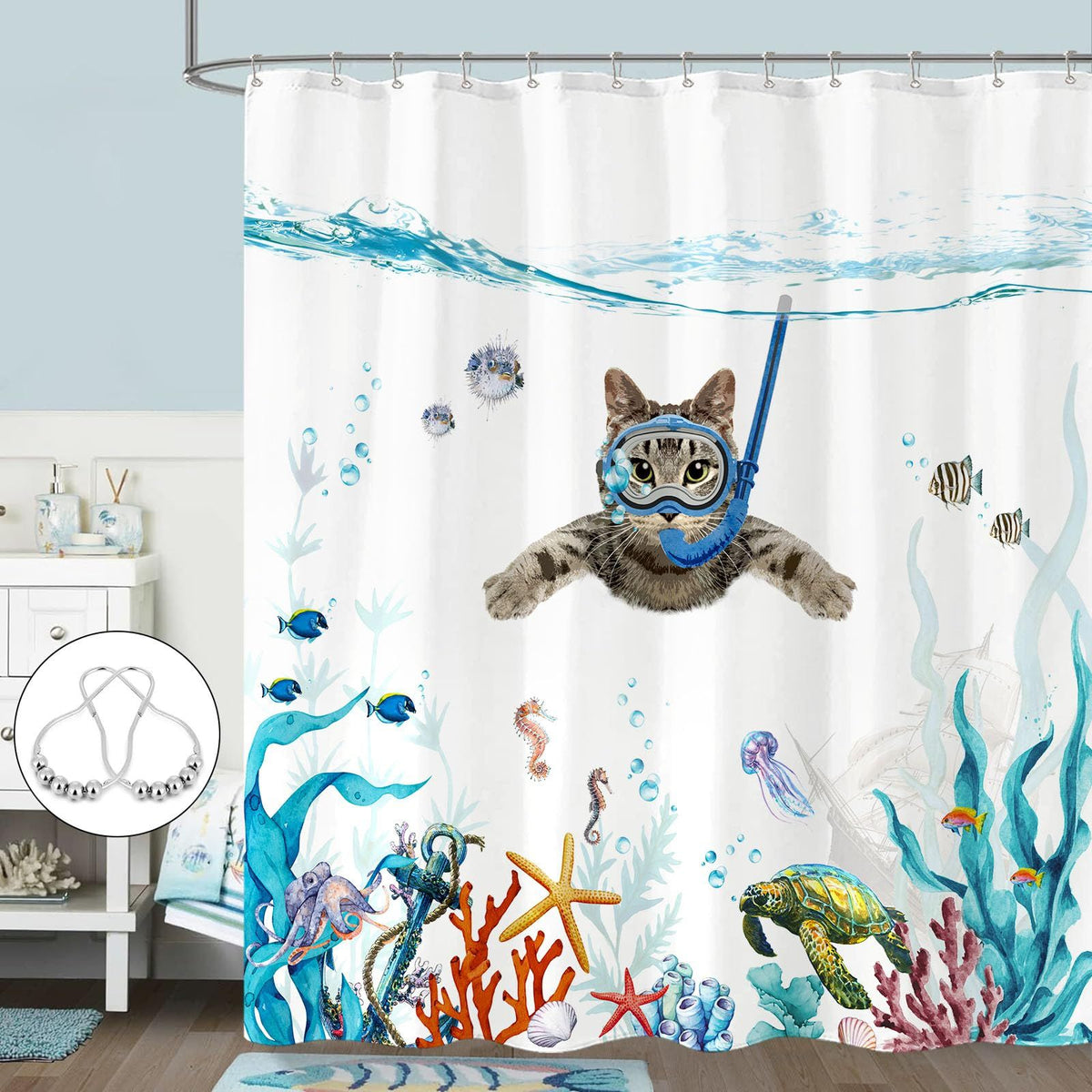 Funny Cat Shower Curtain Set Teal Blue Sea Ocean Waterproof Fabric Shower Curtains with Animal Octopus Turtle (Blue, 72''×72'')