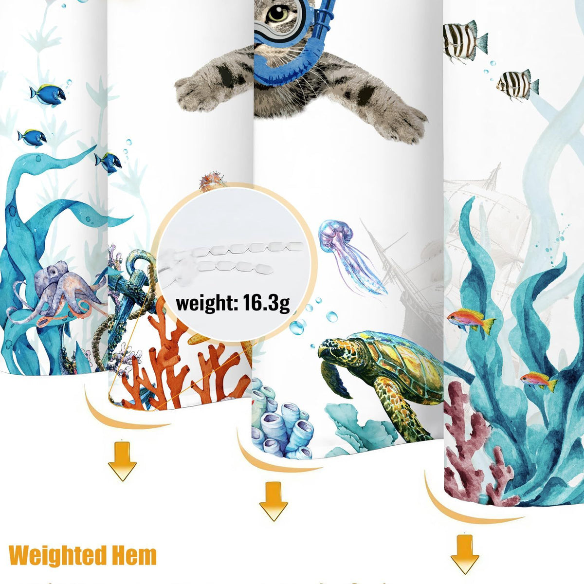 Funny Cat Shower Curtain Set Teal Blue Sea Ocean Waterproof Fabric Shower Curtains with Animal Octopus Turtle (Blue, 72''×72'')