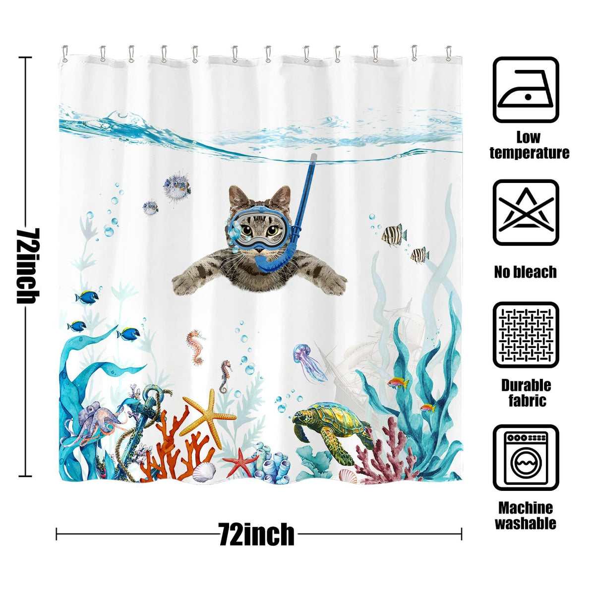 Funny Cat Shower Curtain Set Teal Blue Sea Ocean Waterproof Fabric Shower Curtains with Animal Octopus Turtle (Blue, 72''×72'')
