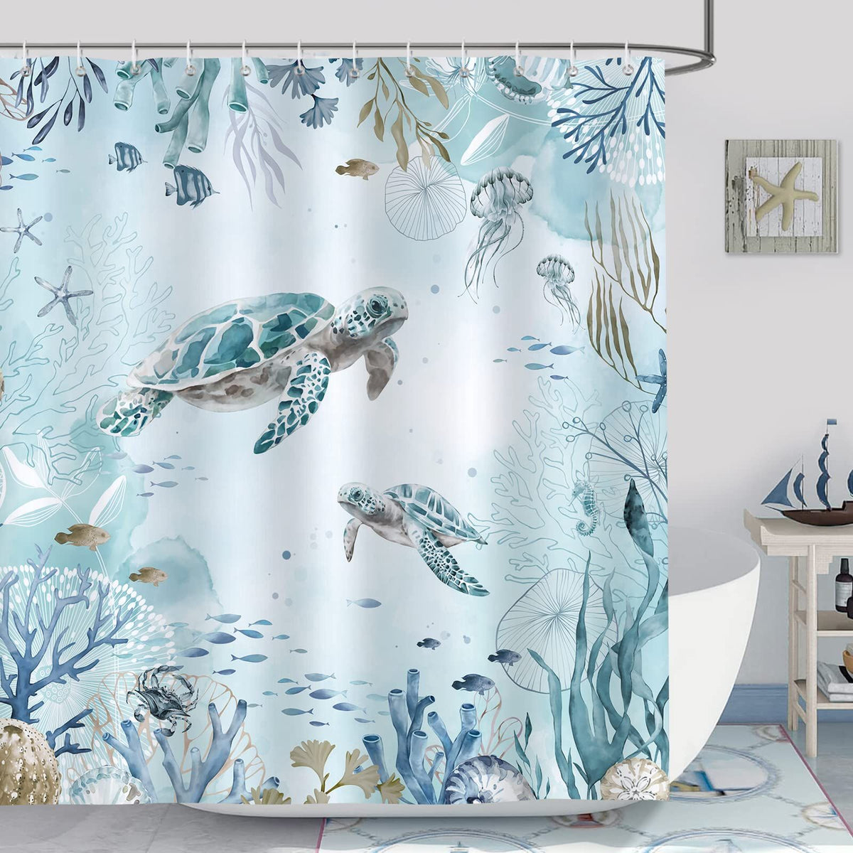 Sea Turtle Shower Curtain for Bathroom Teal Blue Ocean Beach Coastal Decorative Bath Curtain 72 x 72 Inch Curtain with 12 Hooks