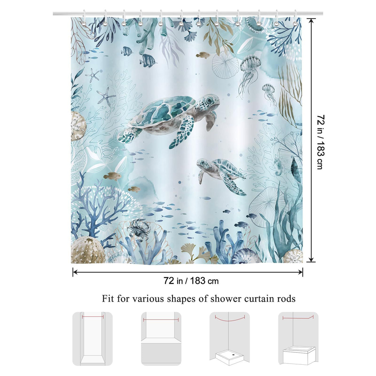 Sea Turtle Shower Curtain for Bathroom Teal Blue Ocean Beach Coastal Decorative Bath Curtain 72 x 72 Inch Curtain with 12 Hooks