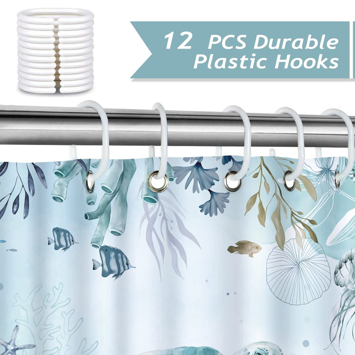 Sea Turtle Shower Curtain for Bathroom Teal Blue Ocean Beach Coastal Decorative Bath Curtain 72 x 72 Inch Curtain with 12 Hooks