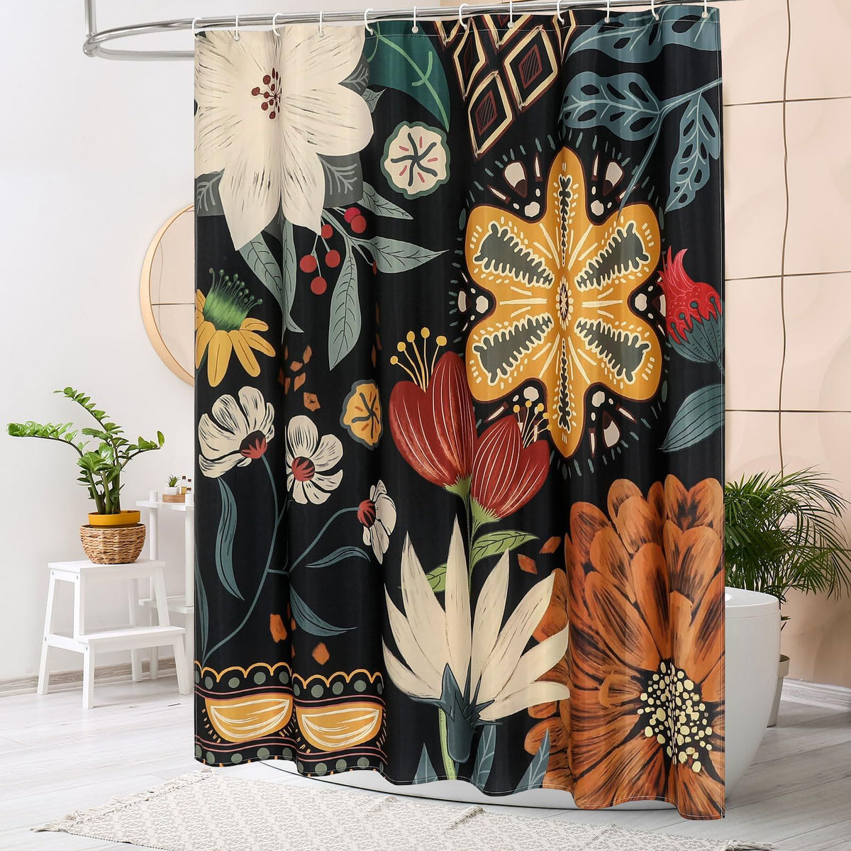 Boho Floral Shower Curtain, Tropical Leaves Fabric Cloth Shower Curtains for Chic Elegant Bathroom Decor, Modern Abstract , 72x72
