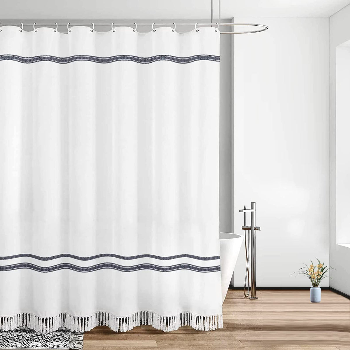 White Shower Curtain, Tassel Shower Curtain Shower Curtain with 12 Hooks, for Bathroom Waterproof Shower Curtain Liner (72" x 72")