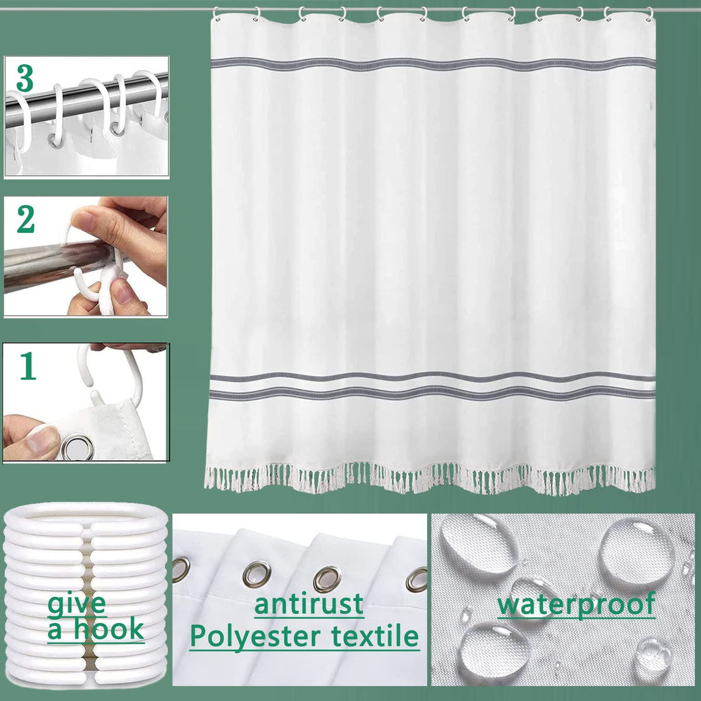 White Shower Curtain, Tassel Shower Curtain Shower Curtain with 12 Hooks, for Bathroom Waterproof Shower Curtain Liner (72" x 72")