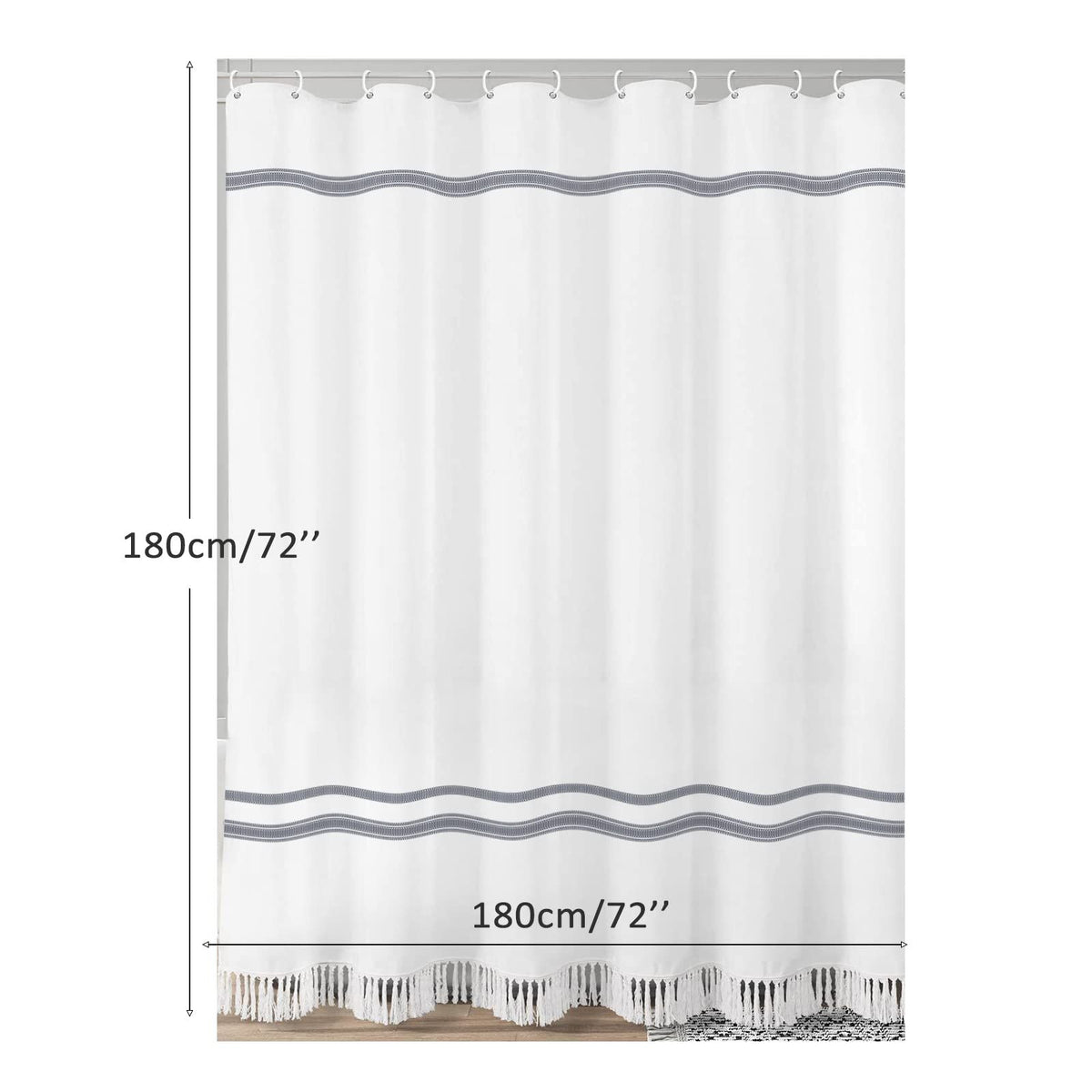 White Shower Curtain, Tassel Shower Curtain Shower Curtain with 12 Hooks, for Bathroom Waterproof Shower Curtain Liner (72" x 72")