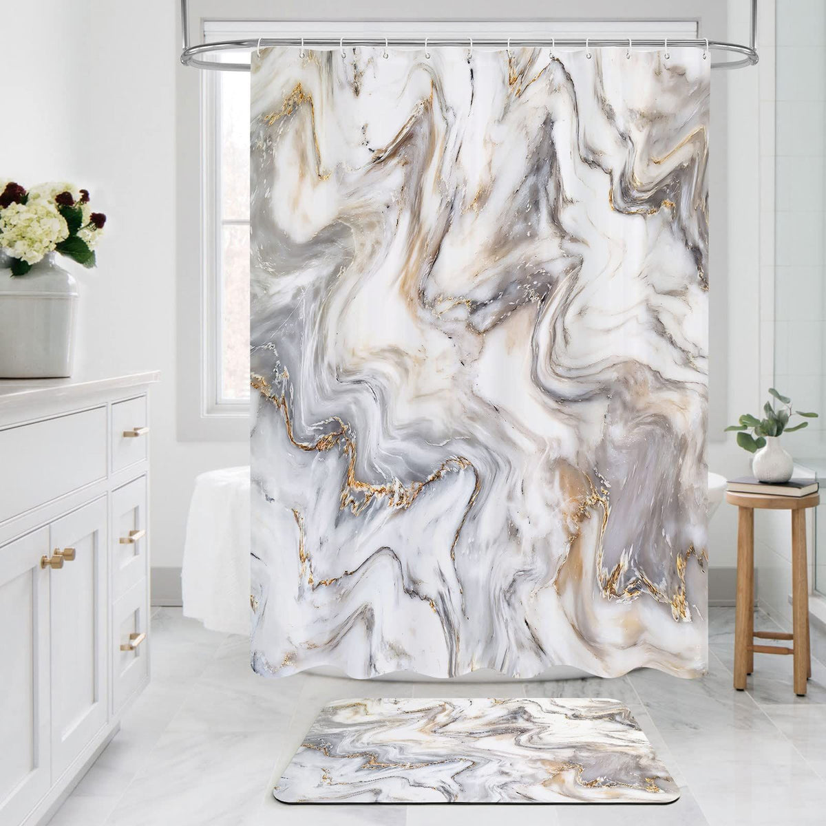 Grey Gold Marble Shower Curtain Set, Abstract Modern Shower Curtain for Bathroom Decor,Waterproof Washable Fabric Shower , 72 x 72