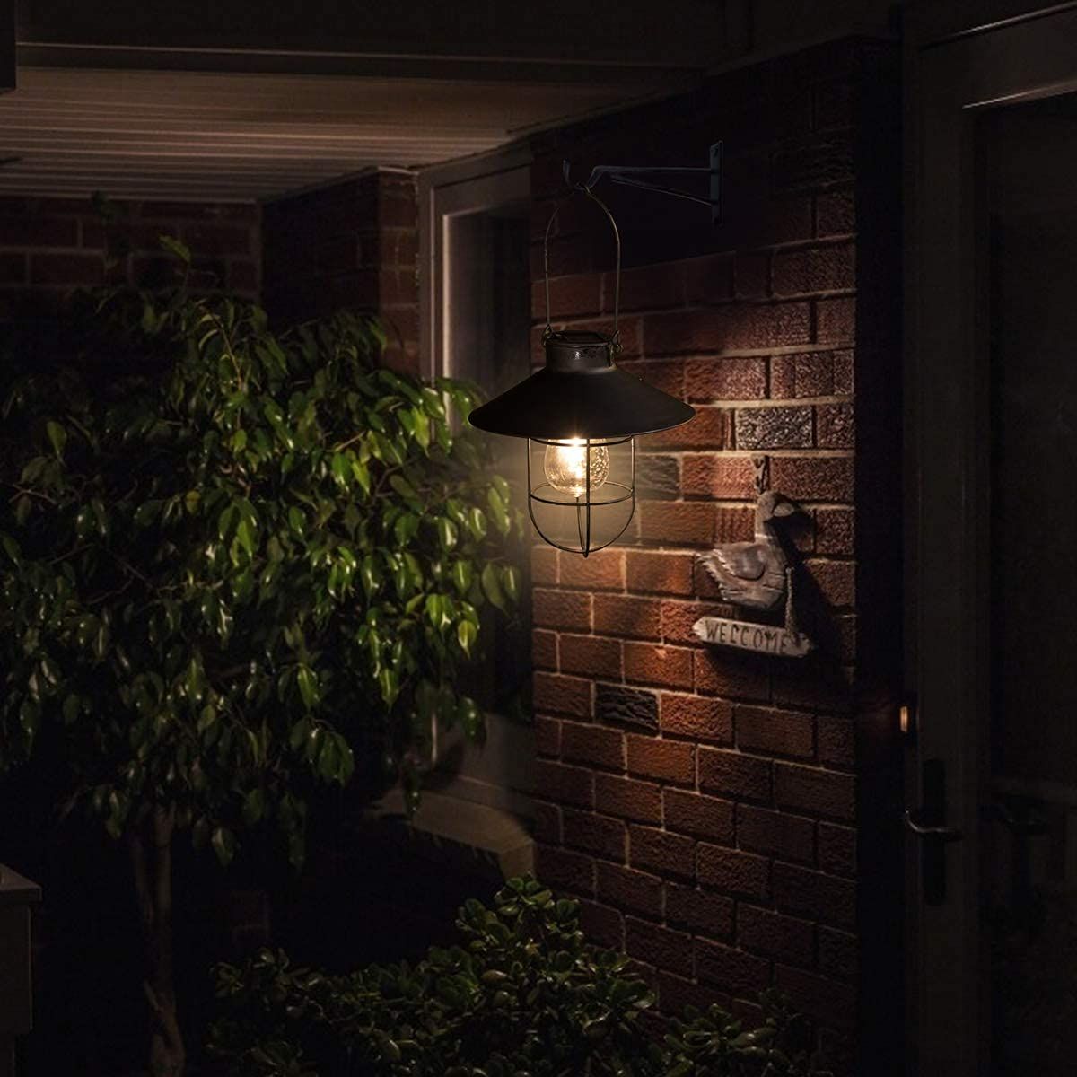 Black Hanging Solar Lights Lantern Lamp with Shepherd Hook,Waterproof Bulb Lights for Garden Outdoor Pathway