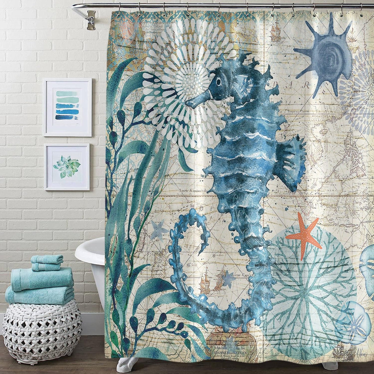 Shower Curtain Set for Bathroom, Nautical Blue Ocean Shower Curtains with 12Hooks, Polyester Fabric Waterproof Curtains