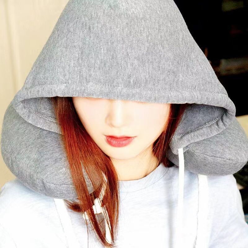 Travel Pillow with Hood for Airplane,Pure Memory Foam Hooded Neck Pillow for Traveling, Car,Office,Soft,Machine Washable,Gray