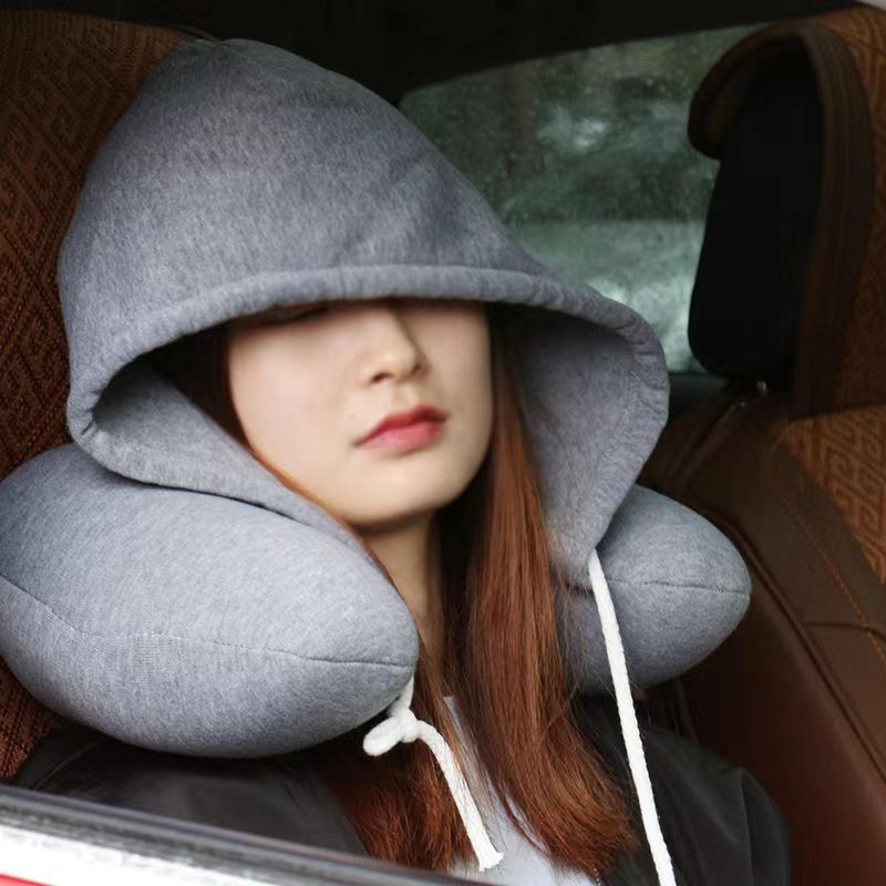 Travel Pillow with Hood for Airplane,Pure Memory Foam Hooded Neck Pillow for Traveling, Car,Office,Soft,Machine Washable,Gray