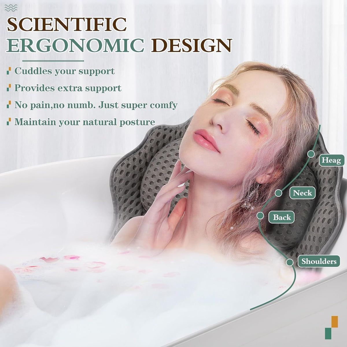 Bath Pillow Ergonomic Luxury Bathtub Pillow with Head,Neck, Shoulder and Back Support, 4D Bath Pillows for tub