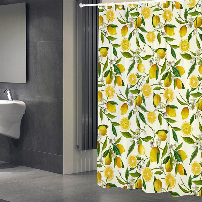 Lemon Shower Curtain, Allover Fruits Green Leaves Plant Design Waterproof Fabric Bathroom Curtains Set with 12 Hooks